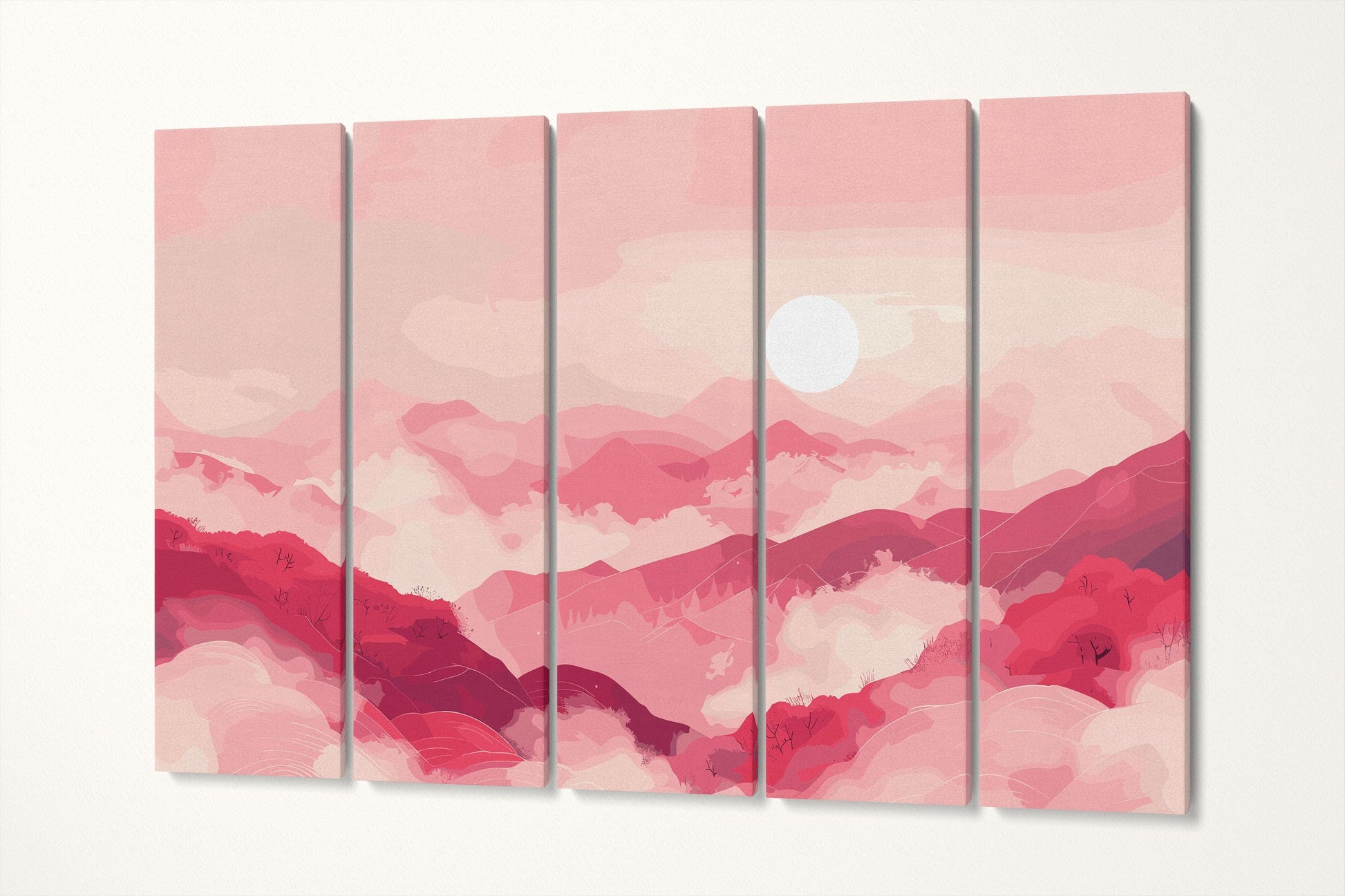 Crimson Dreams Over Rolling Hills Wall Decor Eco Leather Print 5 Panels