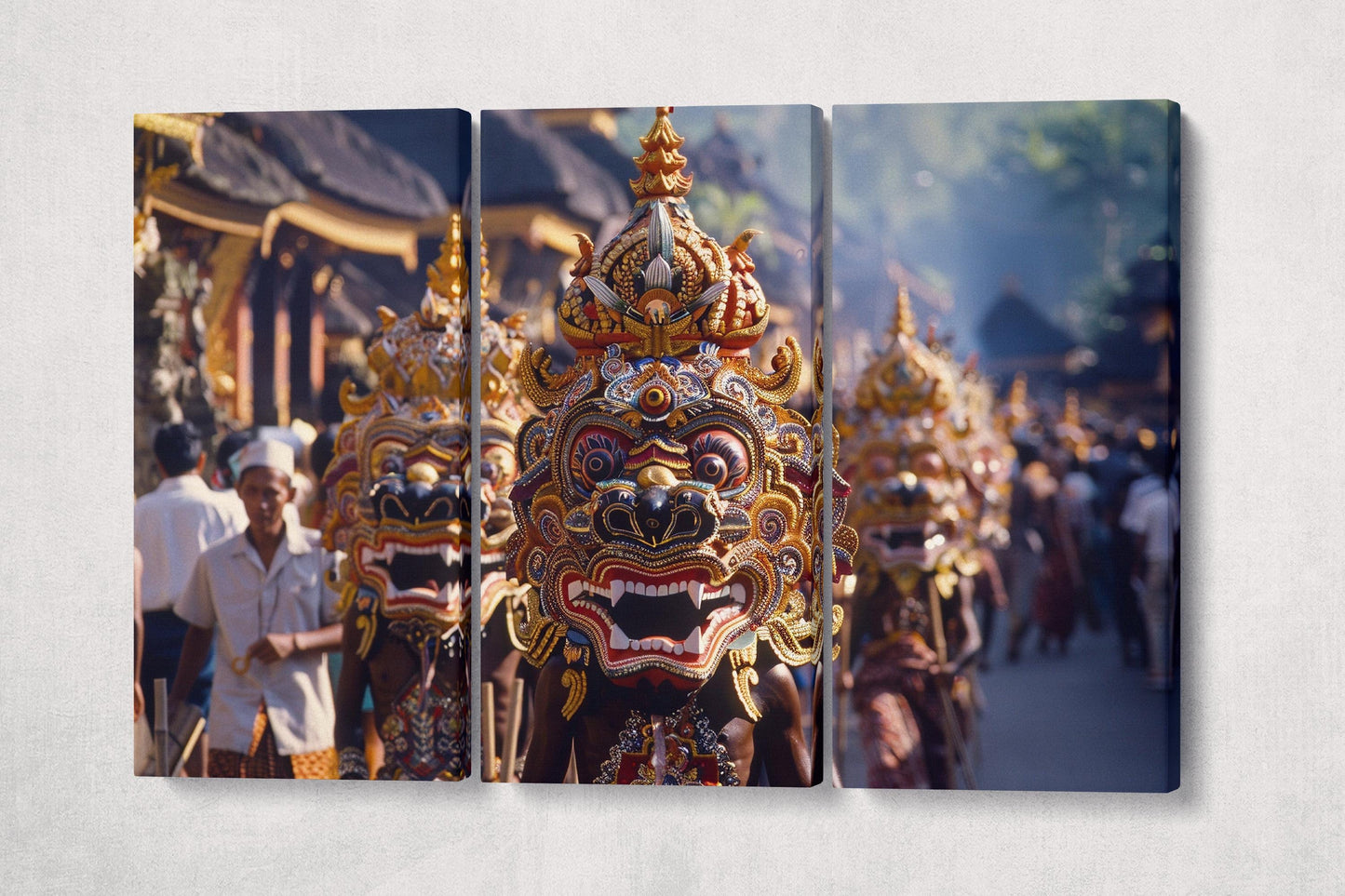 Vibrant Hindu Nyepi Festival Masks in Bali Wall Art Home Decor Canvas Eco Leather Print 3 Panels