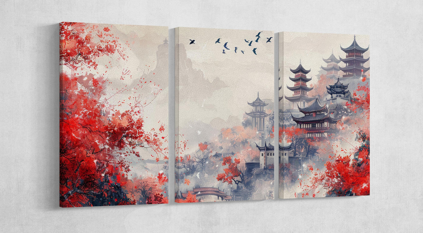 Whispers of Autumn in the Hidden Pagodas Wall Art Home Decor Framed Canvas Eco Leather Print 3 Panels
