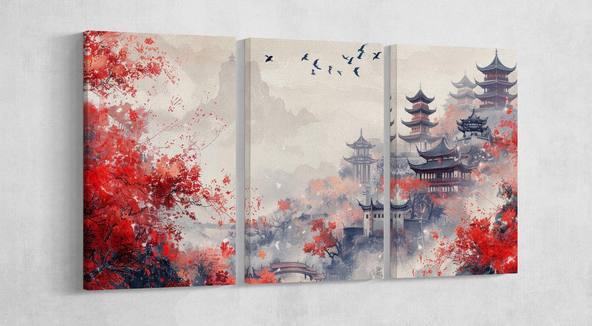 Whispers of Autumn in the Hidden Pagodas Wall Art Home Decor Framed Canvas Eco Leather Print 3 Panels