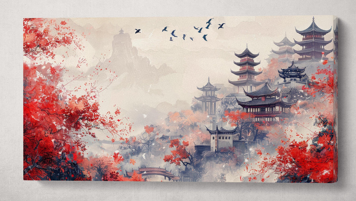 Whispers of Autumn in the Hidden Pagodas Wall Art Home Decor Framed Canvas Eco Leather Print Single Panel