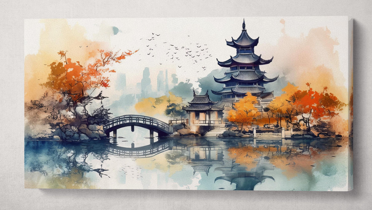 Whispers of Autumn at the Lake Pagoda - A Japanese Reverie Wall Art Home Decor Framed Canvas Eco Leather Print Single Panel