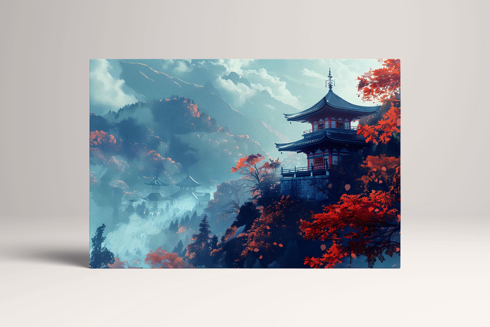 Echoes of Autumn: Misty Japanese Temple Serenity Canvas Wall Decor Eco Leather Print