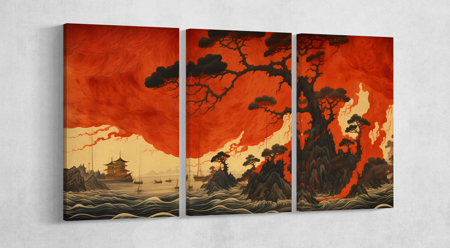 Fiery Japanese Landscape Framed Art Print Wall Decor on Eco Leather Canvas Three Panels