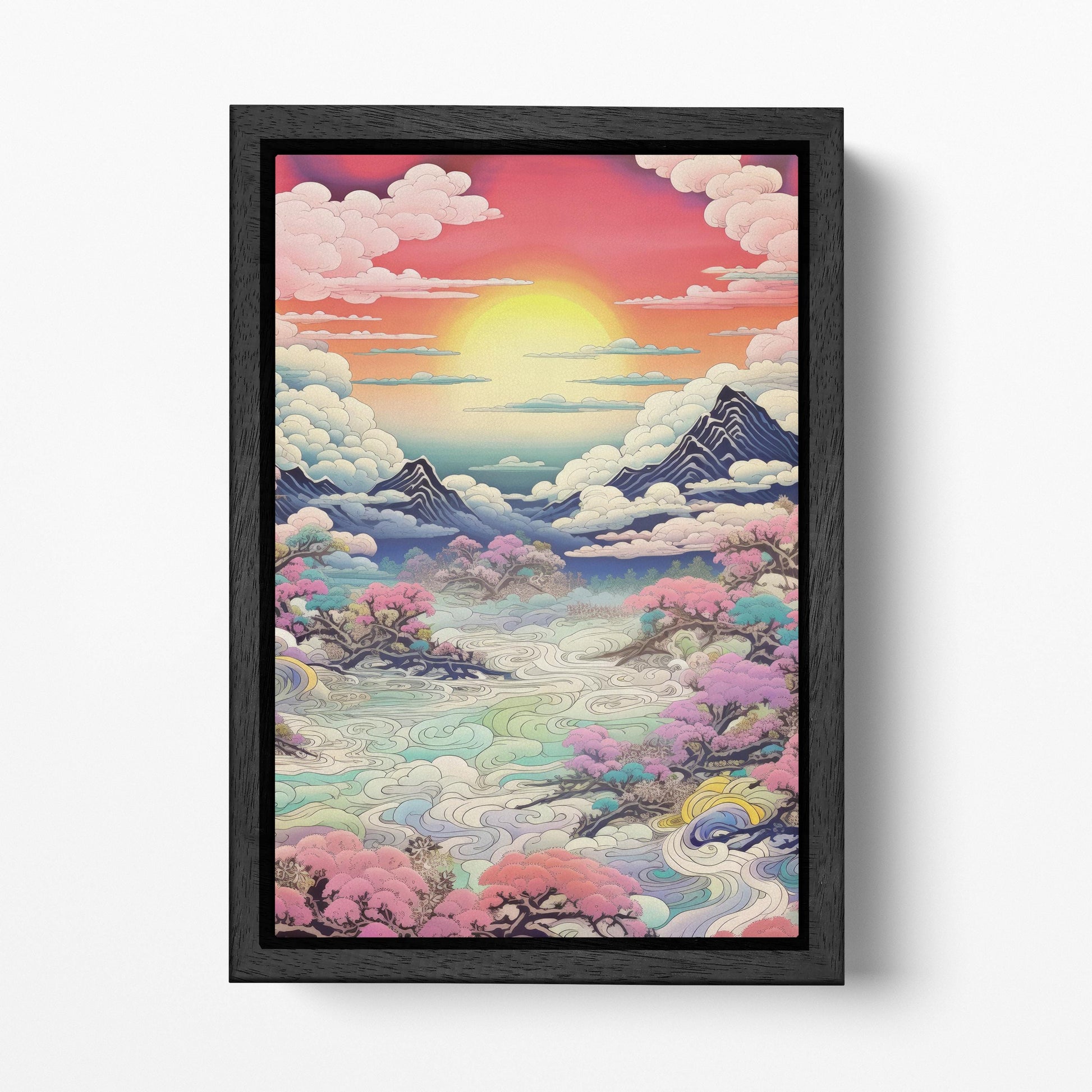 Vibrant Sunset Over Pastel Clouds & Cherry Trees Japanese Style Wall Art Eco Leather Canvas Wall Decor Print Black Frame