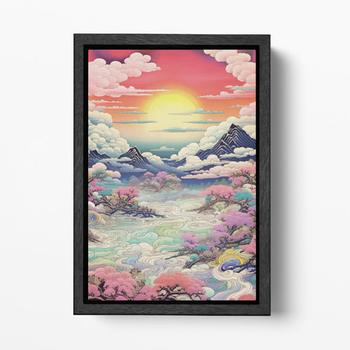 Vibrant Sunset Over Pastel Clouds & Cherry Trees Japanese Style Wall Art Eco Leather Canvas Wall Decor Print Black Frame