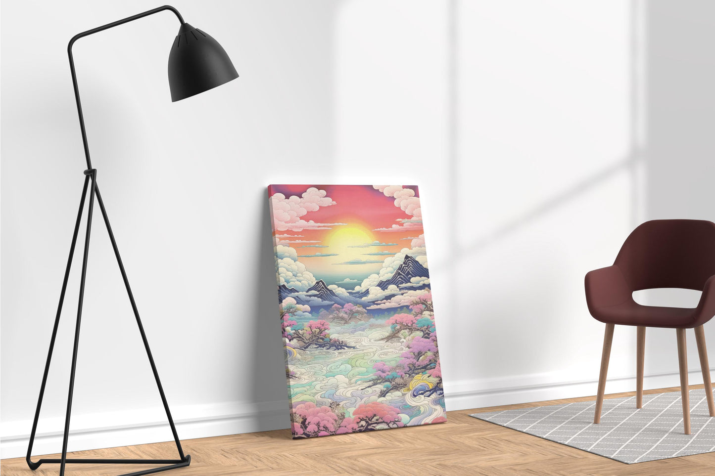 Vibrant Sunset Over Pastel Clouds & Cherry Trees Japanese Style Wall Art Eco Leather Canvas Wall Decor Print Ambient