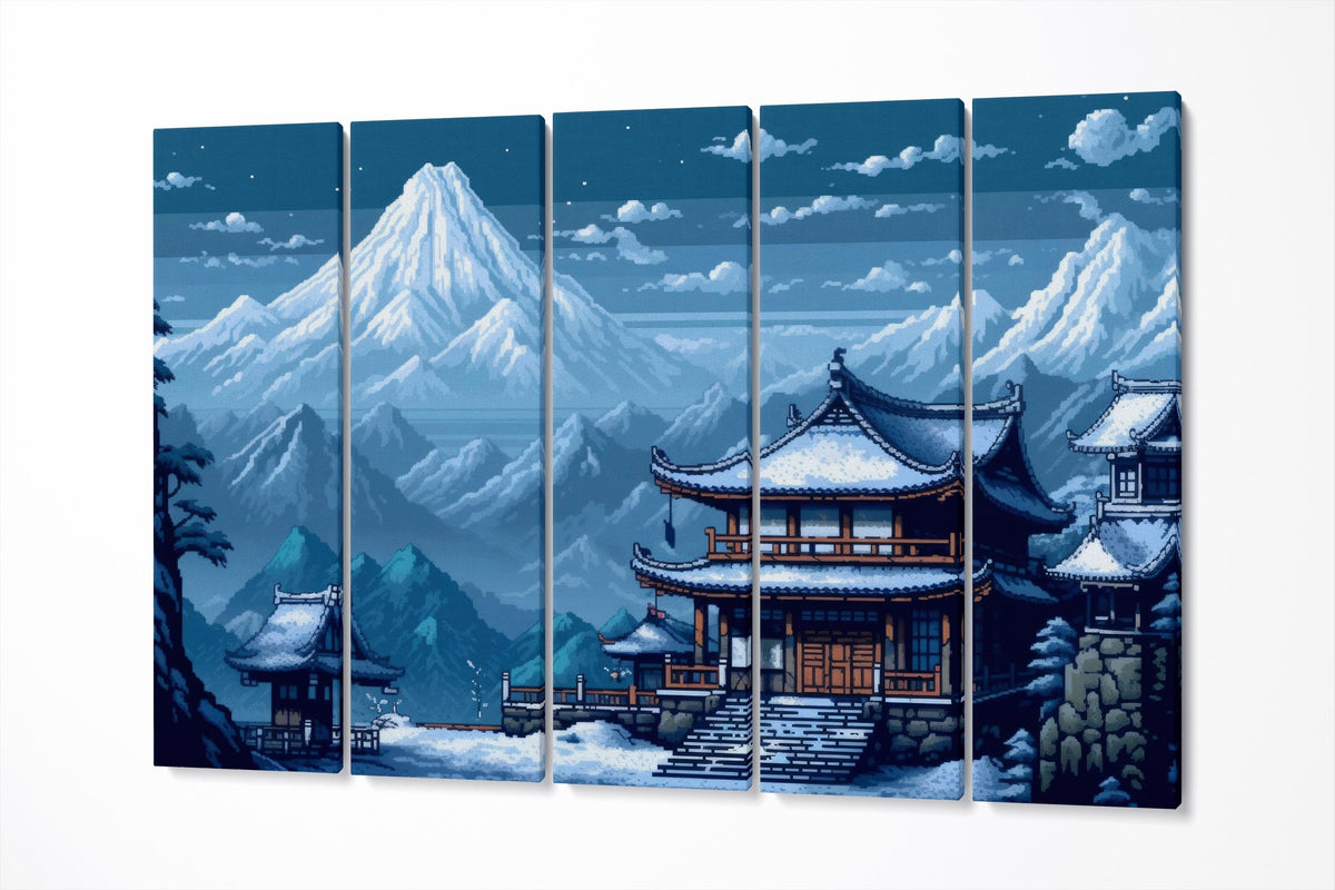 Pixel Art 8-bit Winter Temple Scene Japanese Snowy Mountains Eco Leather Wall Art Canvas Print 5 Panels
