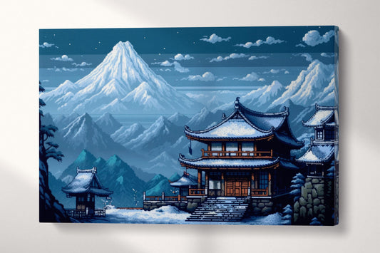 Pixel Art 8-bit Winter Temple Scene Japanese Snowy Mountains Eco Leather Wall Art Canvas Print Single Panel