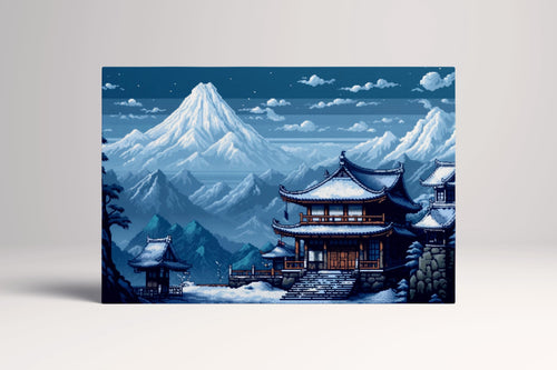 Pixel Art 8-bit Winter Temple Scene Japanese Snowy Mountains Eco Leather Wall Art Canvas Print