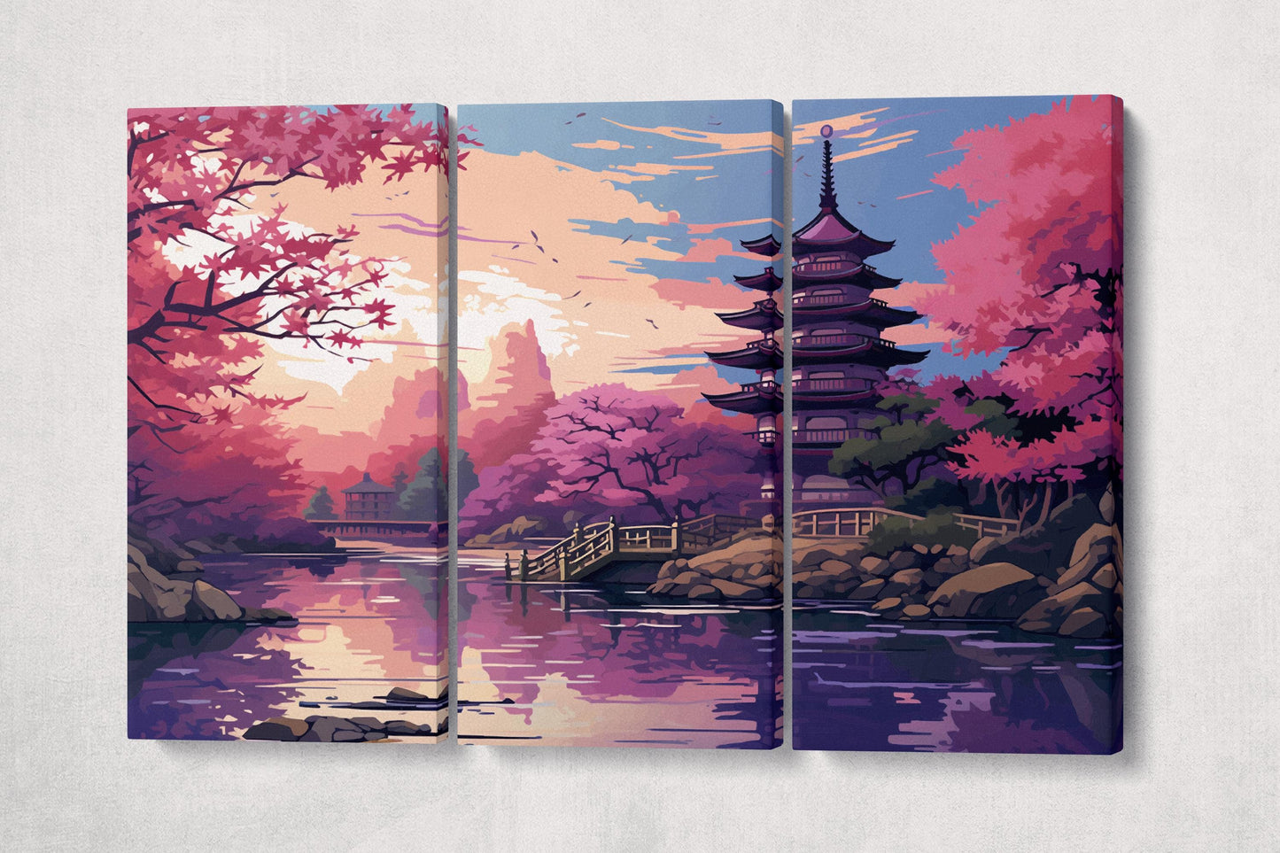 Cherry Blossom Sunset Japanese Pagoda Eco Leather Wall Art Canvas Print 3 Panels