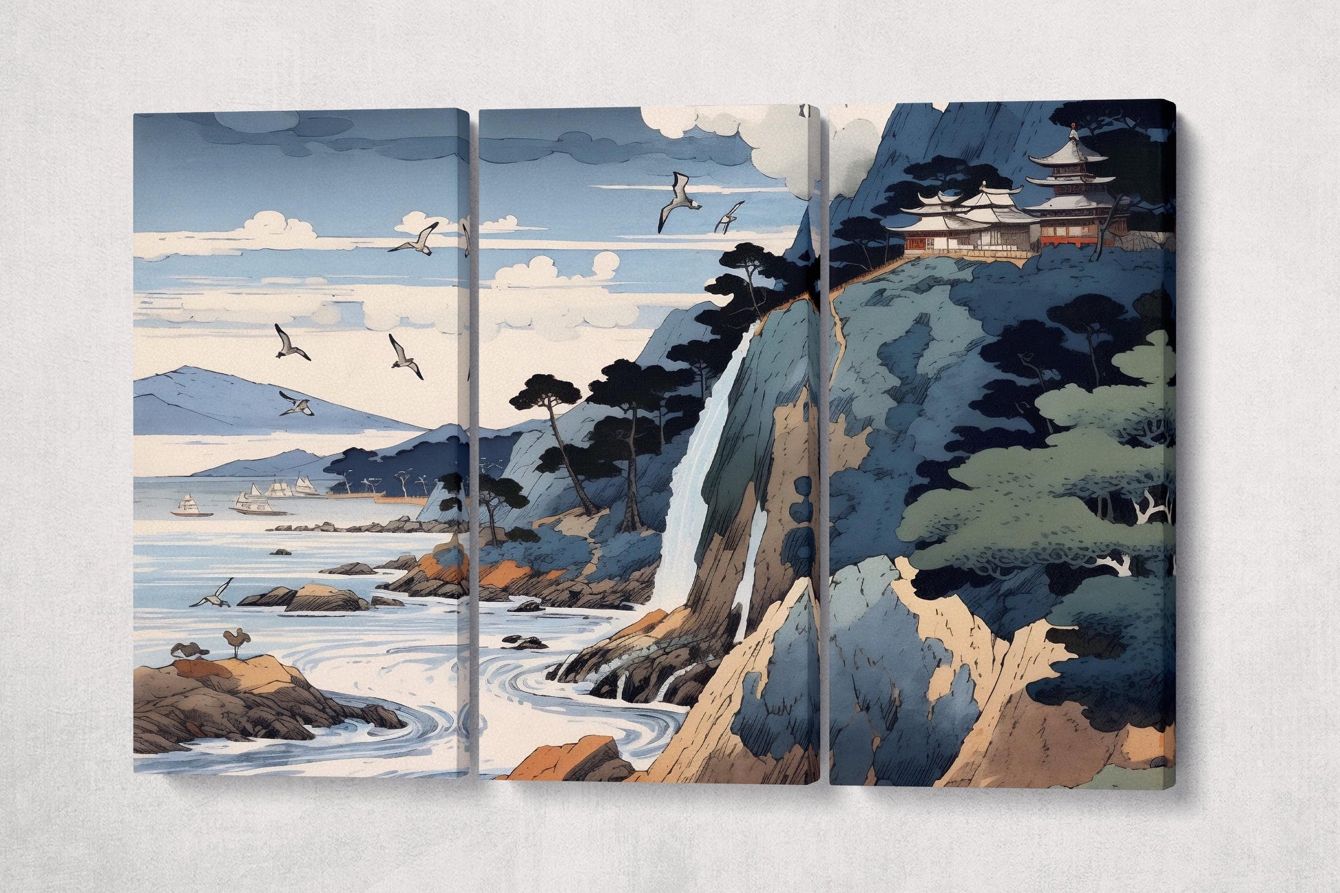 Japanese Coastal Serenity: Waterfalls and Waves Canvas Home Art Wall Decor Eco Leather Print 3 Panels