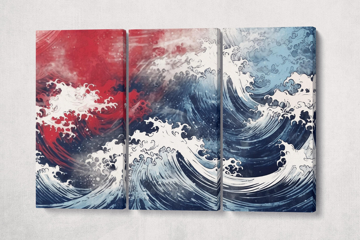 Red & Blue Waves Dynamic Japanese-Inspired Ocean Home Art Wall Decor Eco Leather Print 3 Panels
