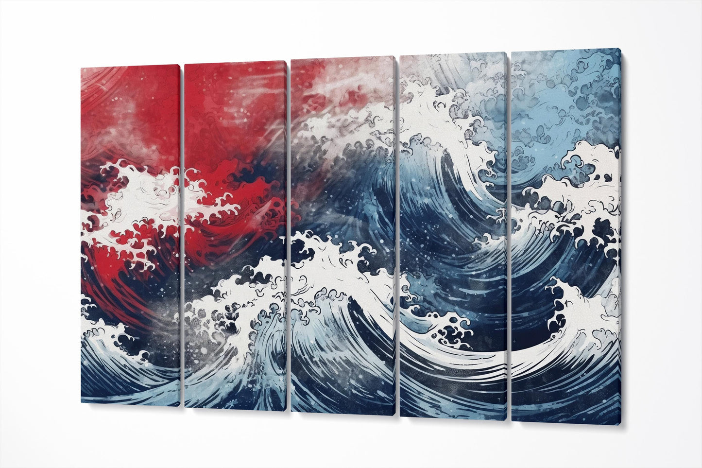 Red & Blue Waves Dynamic Japanese-Inspired Ocean Home Art Wall Decor Eco Leather Print 5 Panels
