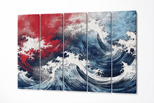 Load image into Gallery viewer, Red &amp; Blue Waves Dynamic Japanese-Inspired Ocean Home Art Wall Decor Eco Leather Print 5 Panels