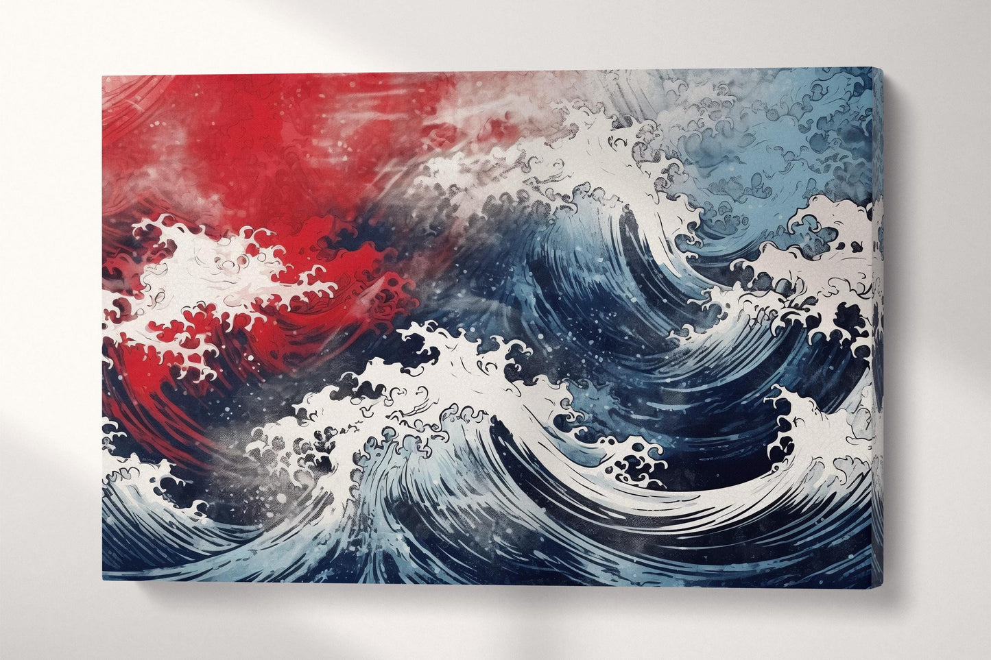 Red & Blue Waves Dynamic Japanese-Inspired Ocean Home Art Wall Decor Eco Leather Print Single Panel