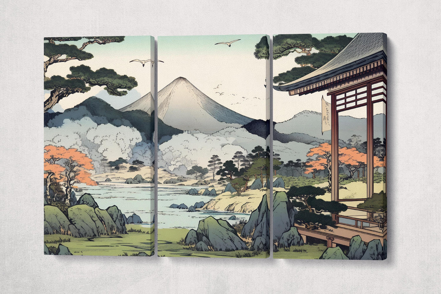 Zen Serenity Japanese Temple & Mountain Scene Canvas Home Art Wall Decor Eco Leather Print 3 Panels