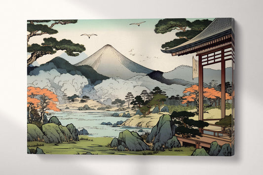 Zen Serenity Japanese Temple & Mountain Scene Canvas Home Art Wall Decor Eco Leather Print Single Panel