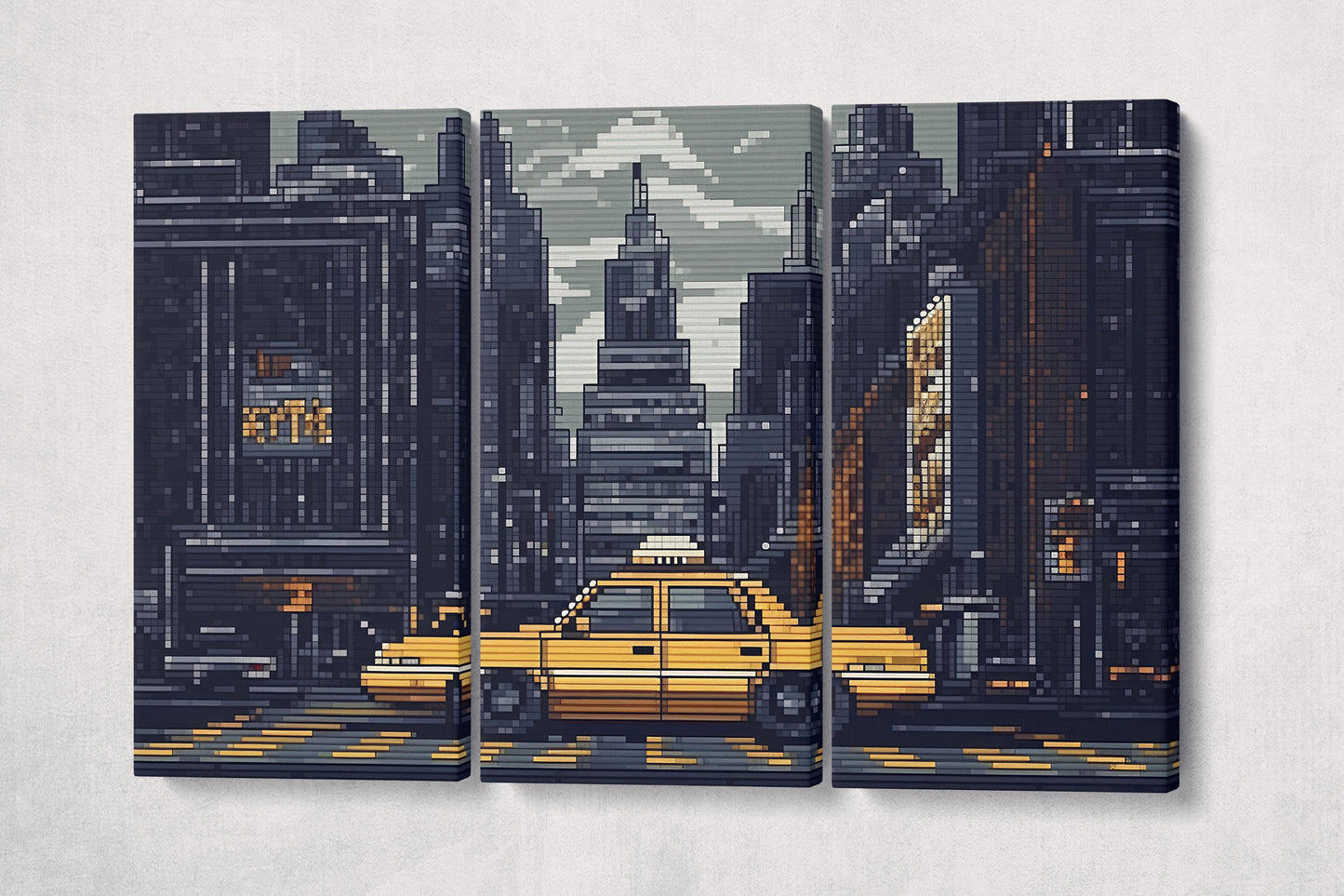 Pixelated New York Yellow Cab 8-Bit Urban Style Print Canvas Home Art Wall Decor Eco Leather Print 3 Panels