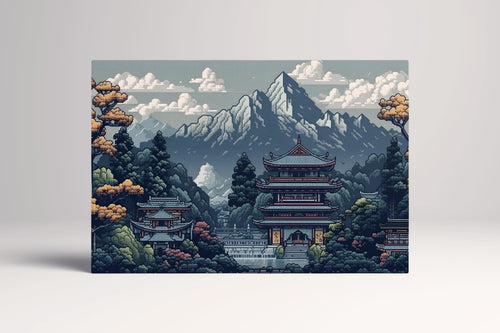 Retro 8-Bit Japanese Temple Videogame Landscape Canvas Home Art Wall Decor Eco Leather Print