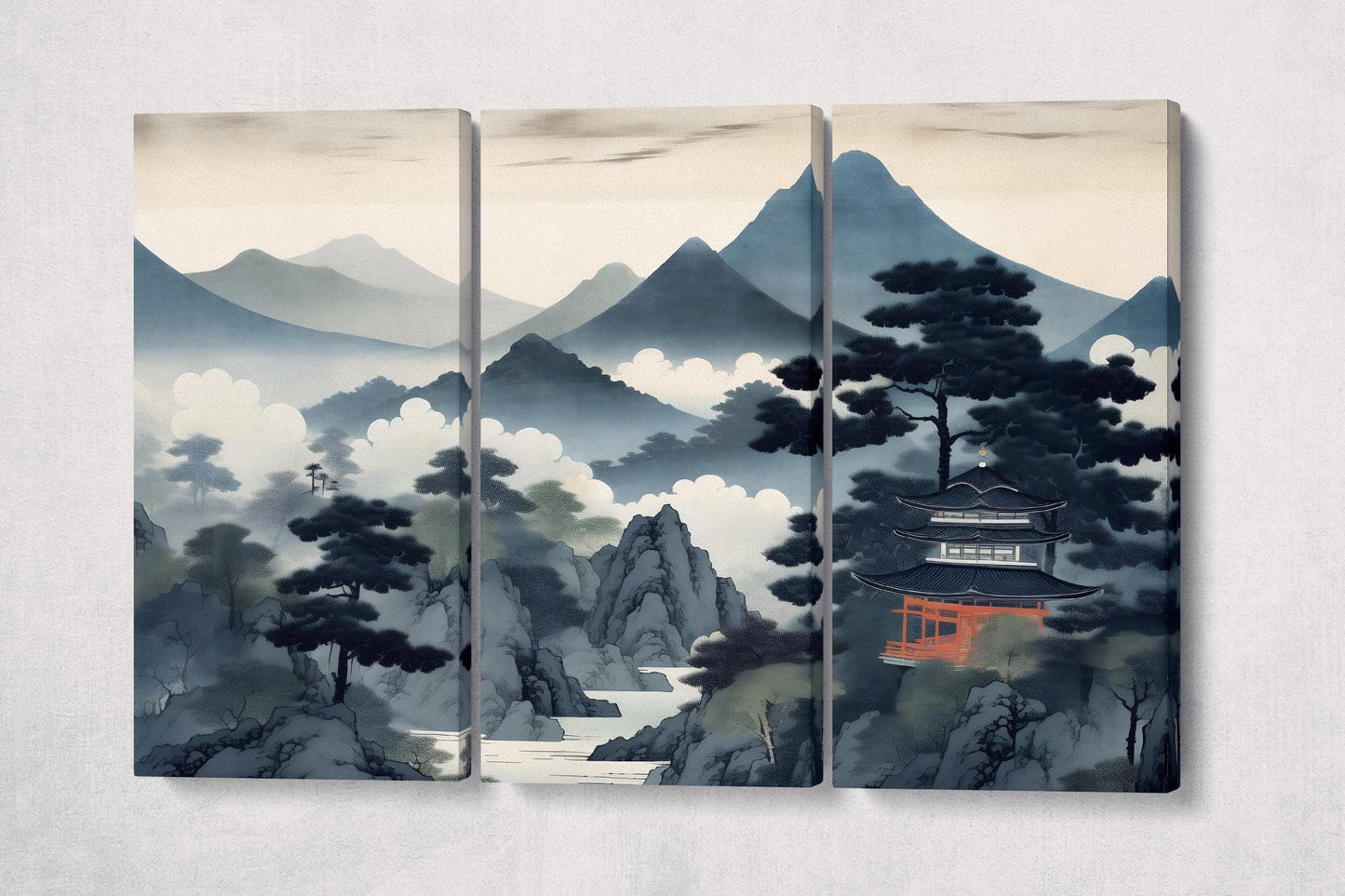 Mystic Ukiyo-e Japan Mountains Canvas Home Art Wall Decor Eco Leather Print 3 Panels