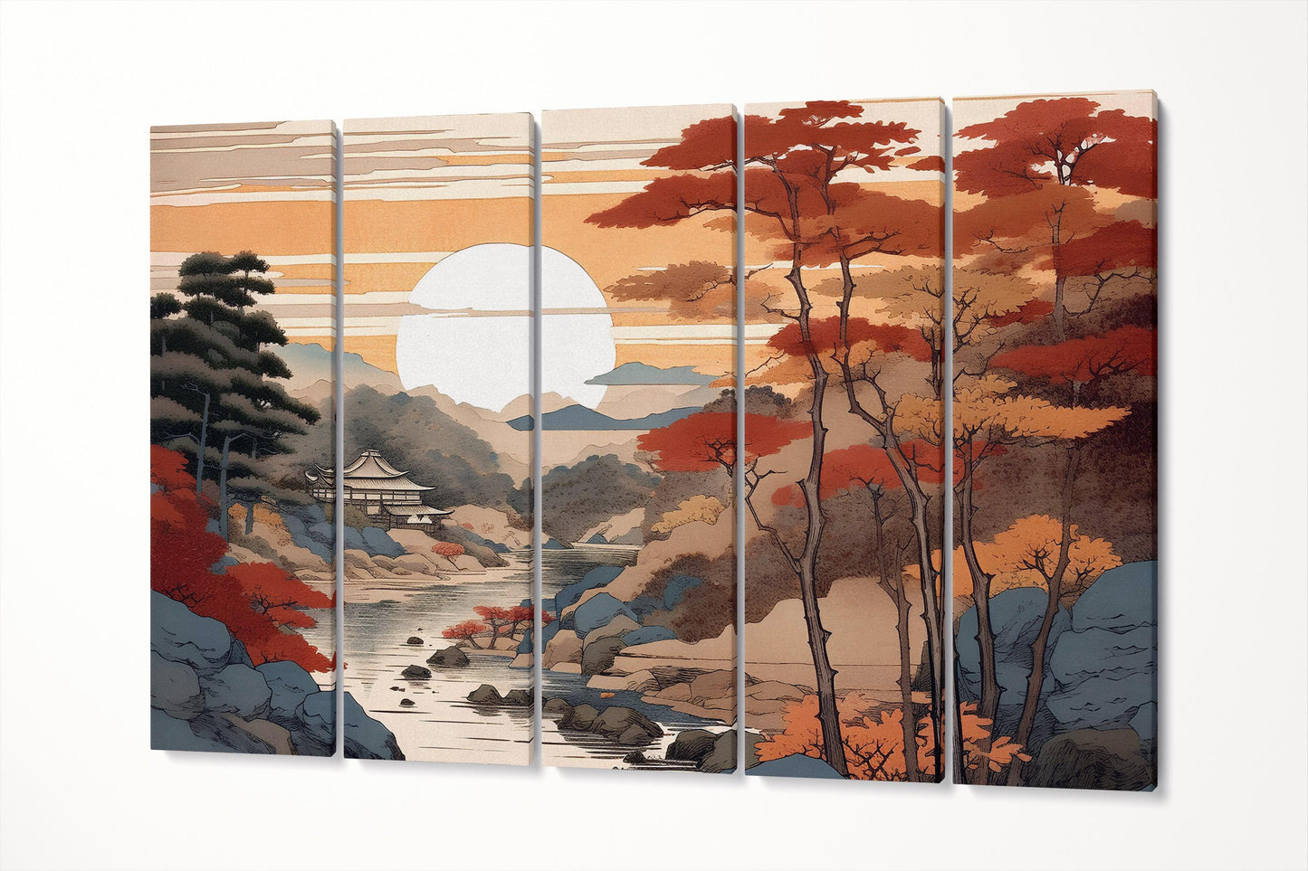 Ukiyo-e Style Autumn Landscape Japanese Nature Eco Leather Wall Art Canvas Print 5 Panels