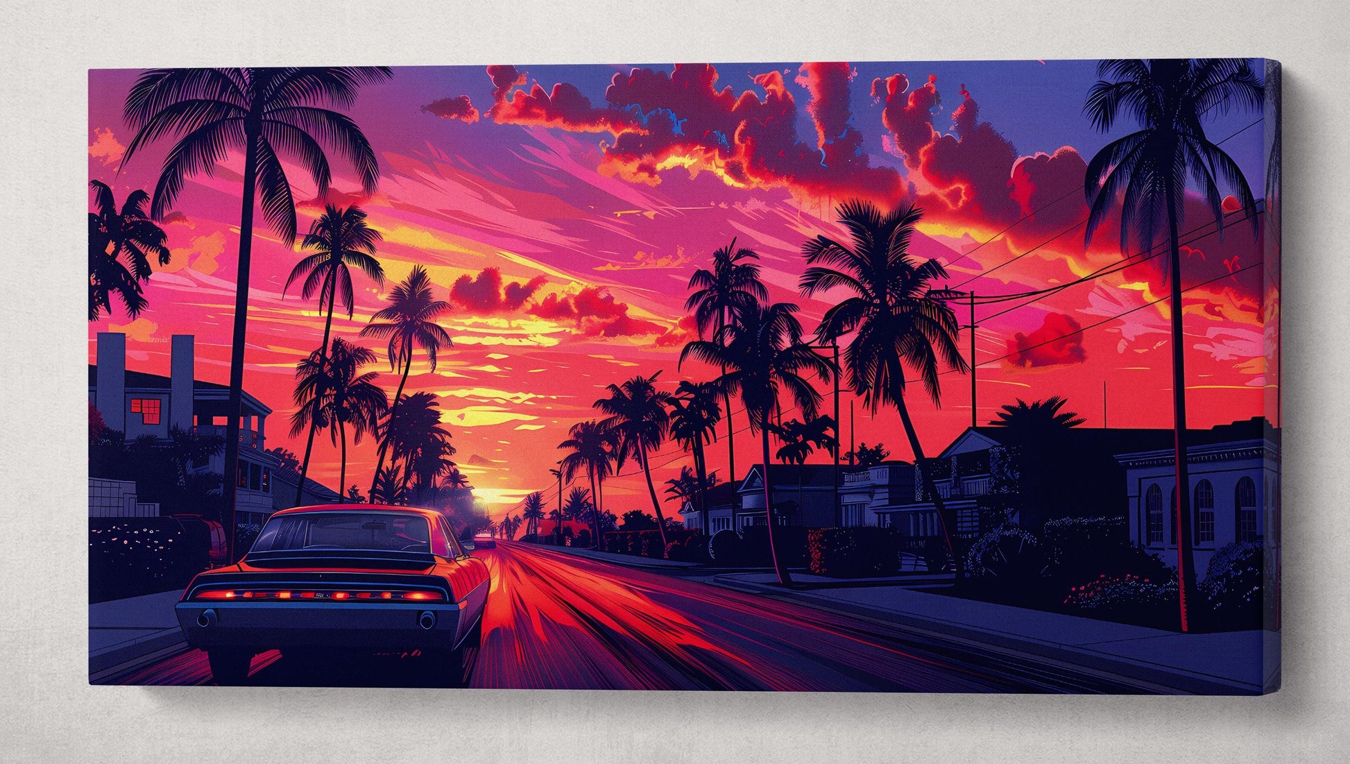 Retro Sunset Drive Vibrant Palms Hawaii Canvas Print Wall Decor Eco Leather Canvas Print Single Panel