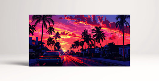 Retro Sunset Drive Vibrant Palms Hawaii Canvas Print Wall Decor Eco Leather Canvas Print