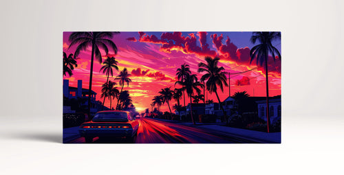 Retro Sunset Drive Vibrant Palms Hawaii Canvas Print Wall Decor Eco Leather Canvas Print