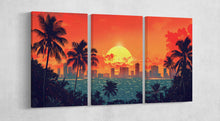 Charger l&#39;image dans la galerie, Honolulu Hawaii City Sunset Bold Skyline and Palm Silhouettes Canvas Print Wall Decor Eco Leather Canvas Print 3 Panels