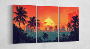 Honolulu Hawaii City Sunset Bold Skyline and Palm Silhouettes Canvas Print Wall Decor Eco Leather Canvas Print 3 Panels