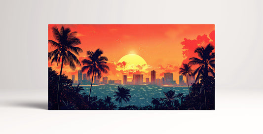 Honolulu Hawaii City Sunset Bold Skyline and Palm Silhouettes Canvas Print Wall Decor Eco Leather Canvas Print