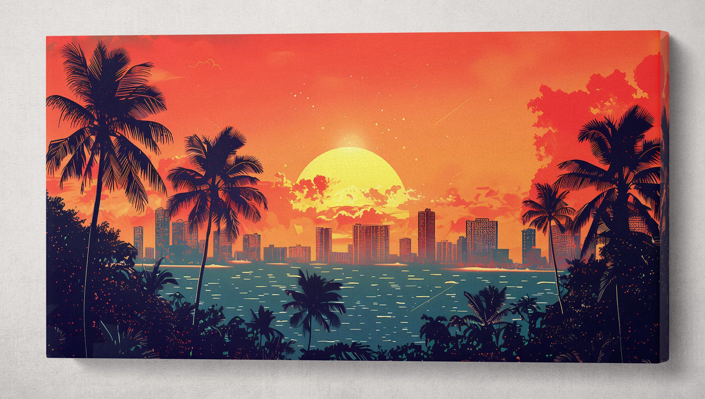 Honolulu Hawaii City Sunset Bold Skyline and Palm Silhouettes Canvas Print Wall Decor Eco Leather Canvas Print Single Panel