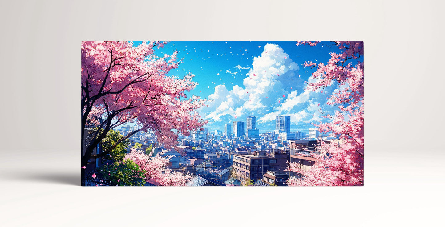 Sakura Skyline Urban Spring Blossom Canvas Wall Art Framed Print on Eco Leather