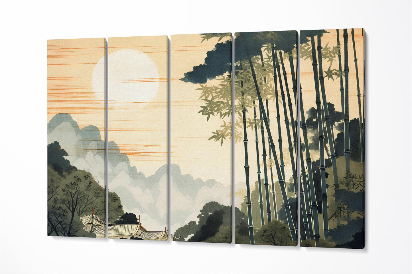 Ukiyo-e Style Bamboo Forest at Sunrise Asian Wall Art Scene Eco Leather Home Decor Canvas Print 5 Panels