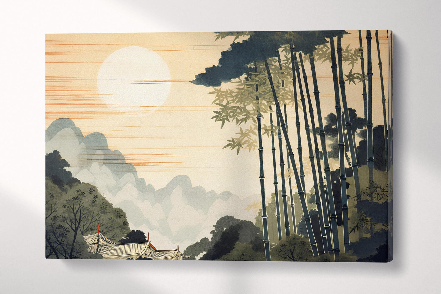Ukiyo-e Style Bamboo Forest at Sunrise Asian Wall Art Scene Eco Leather Home Decor Canvas Print Single Panel