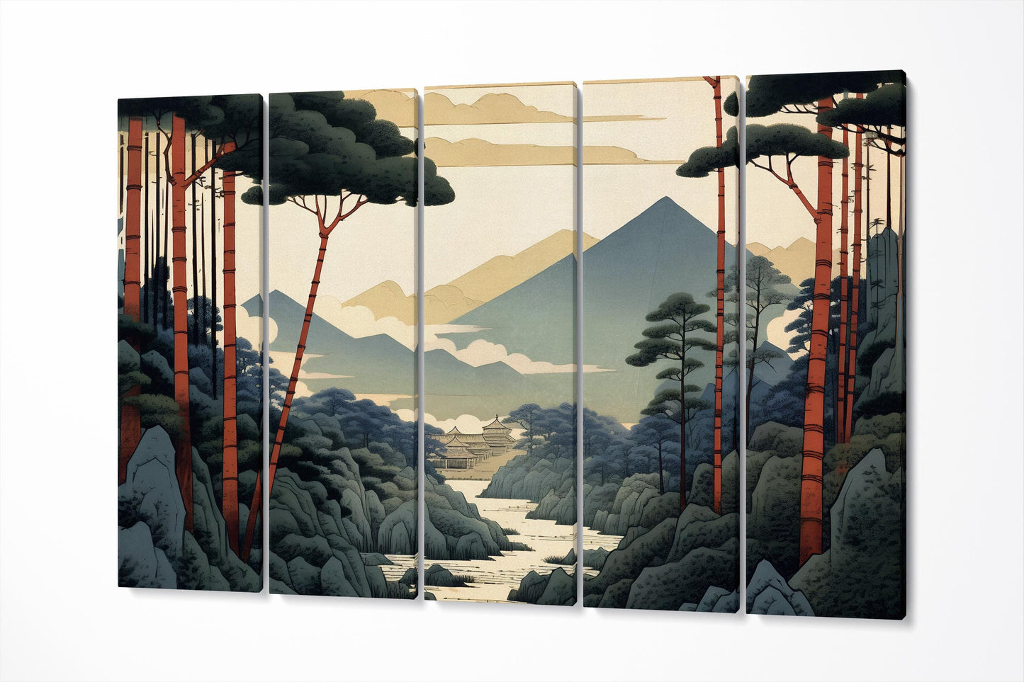 Ukiyo-e Japanese Mountain Red Pine Trees Landscape Eco Leather Wall Art Canvas Print 5 Panels