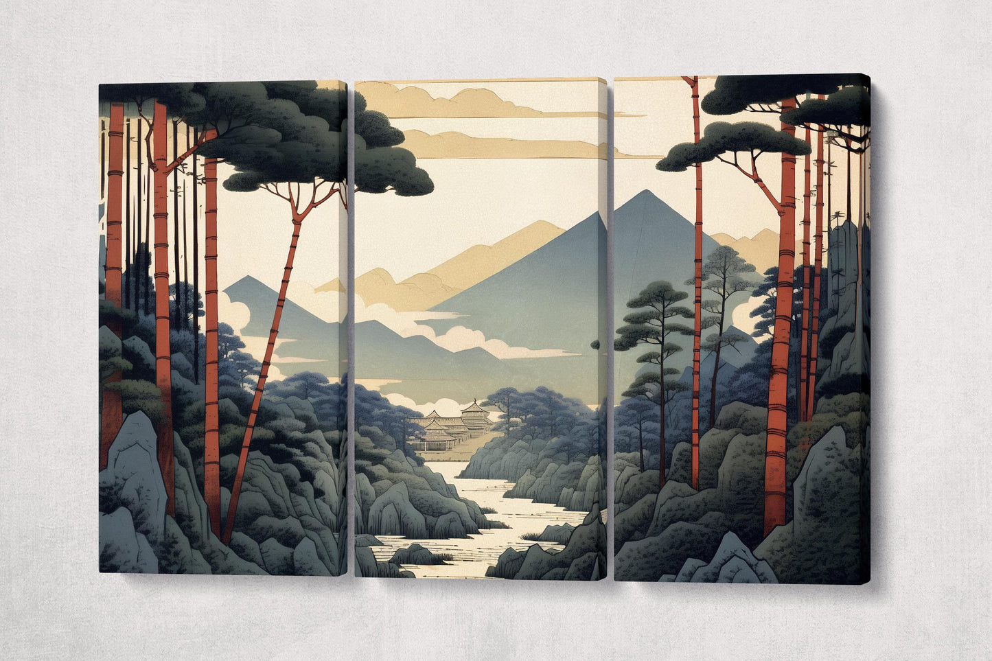 Ukiyo-e Japanese Mountain Red Pine Trees Landscape Eco Leather Wall Art Canvas Print 3 Panels
