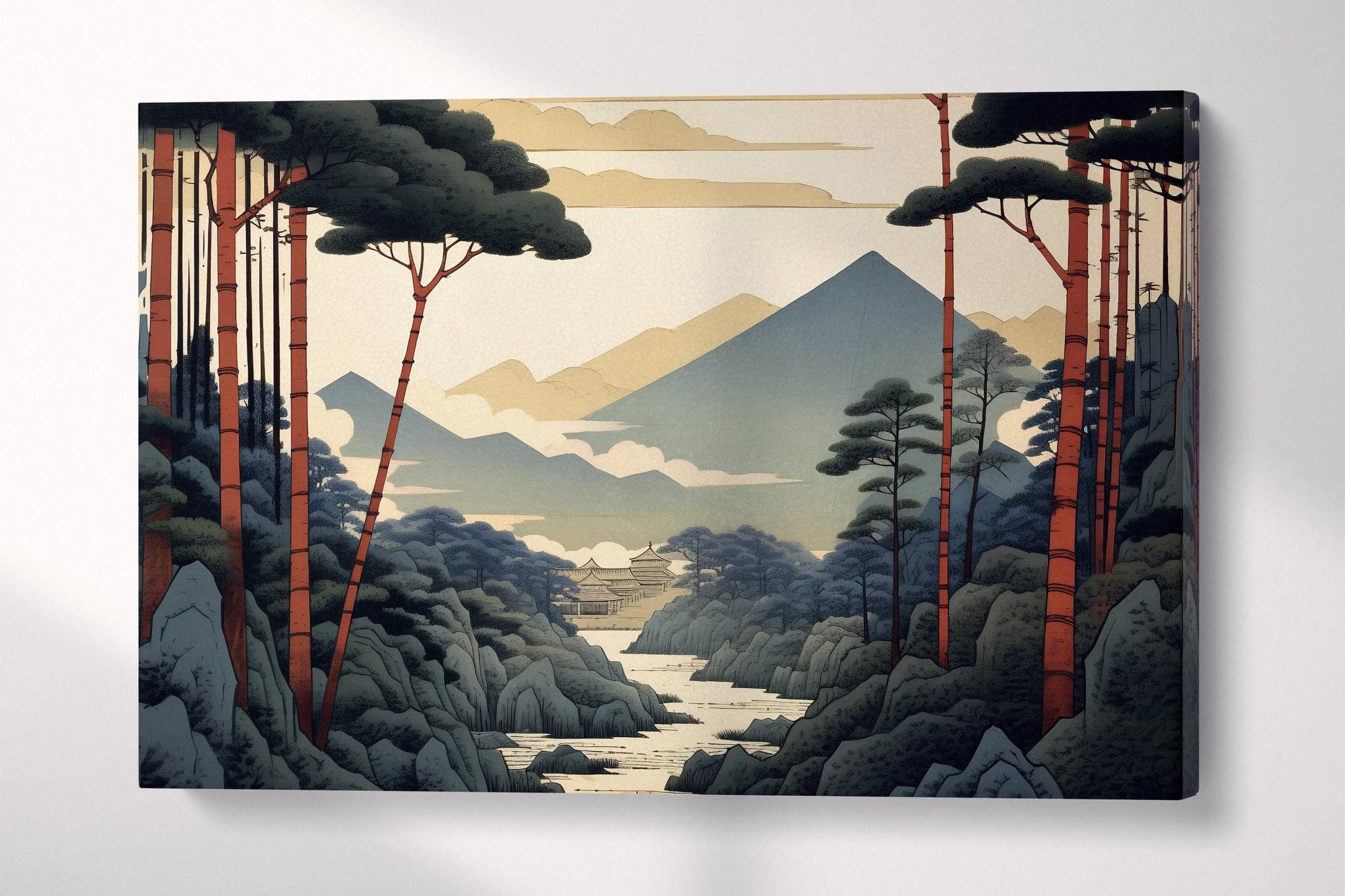 Ukiyo-e Japanese Mountain Red Pine Trees Landscape Eco Leather Wall Art Canvas Print Single Panel