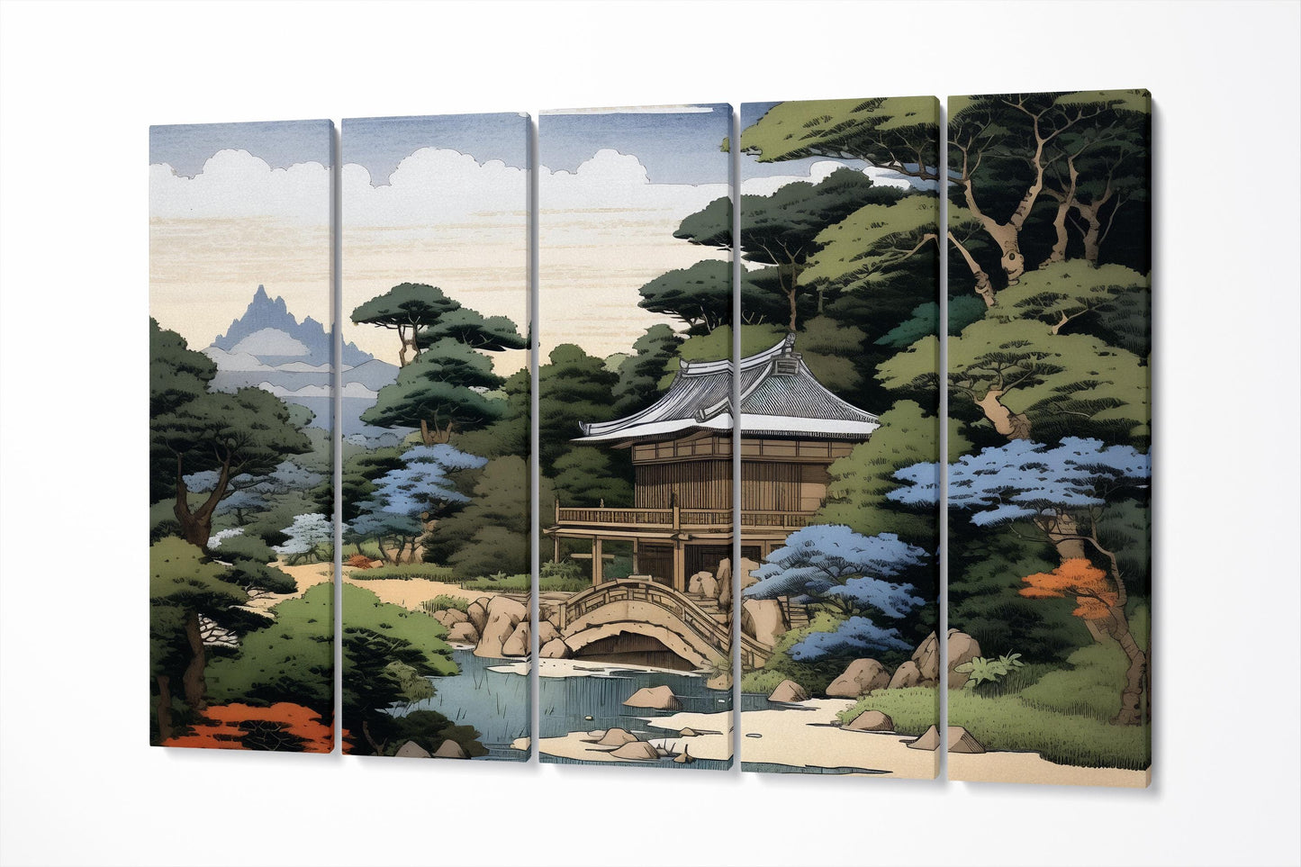 Japanese Zen Garden & Temple Ukiyo-e Inspired Wall Art Eco Leather Home Decor Canvas Print 5 Panels