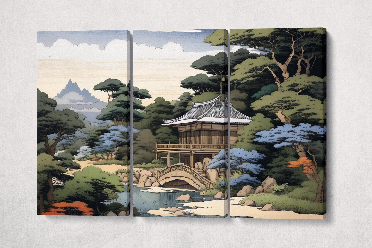 Japanese Zen Garden & Temple Ukiyo-e Inspired Wall Art Eco Leather Home Decor Canvas Print 3 Panels