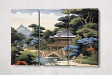 Charger l&#39;image dans la galerie, Japanese Zen Garden &amp; Temple Ukiyo-e Inspired Wall Art Eco Leather Home Decor Canvas Print 3 Panels