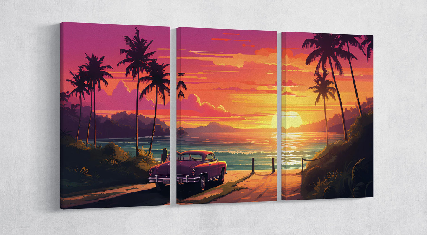 Tropical Sunset Escape Canvas Print Wall Decor Eco Leather Canvas Print 3 Panels