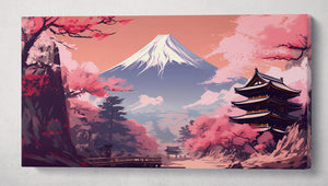 Majestic Mount Fuji Art Illustration in Pink Eco Leather Canvas Wall Decor Print Single Panel
