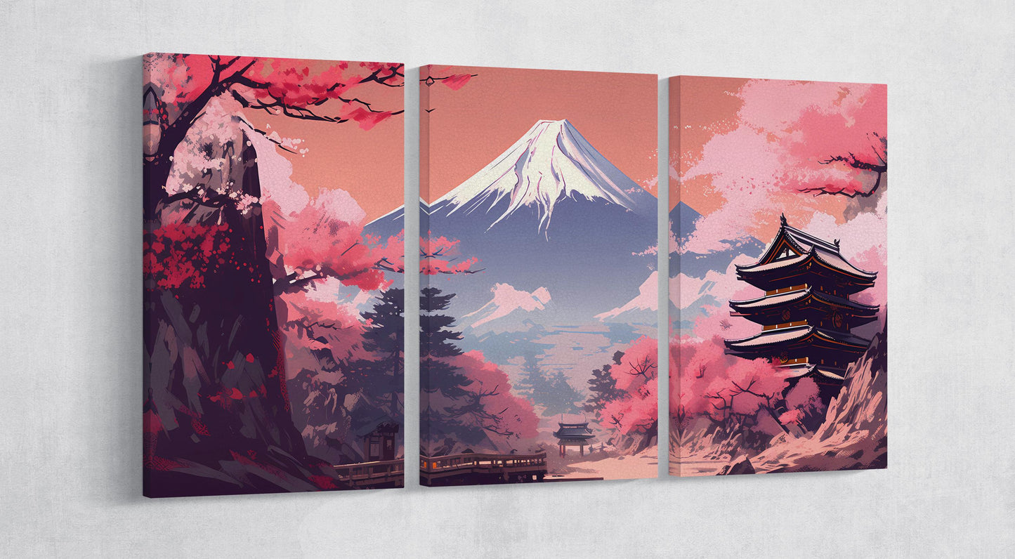Majestic Mount Fuji Art Illustration in Pink Eco Leather Canvas Wall Decor Print 3 Panels