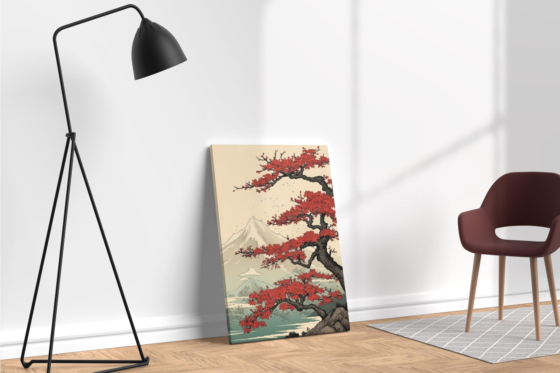 Mount Fuji Under Crimson Blossoms Lake Kawaguchi Wall Art Eco Leather Canvas Wall Decor Print Ambient