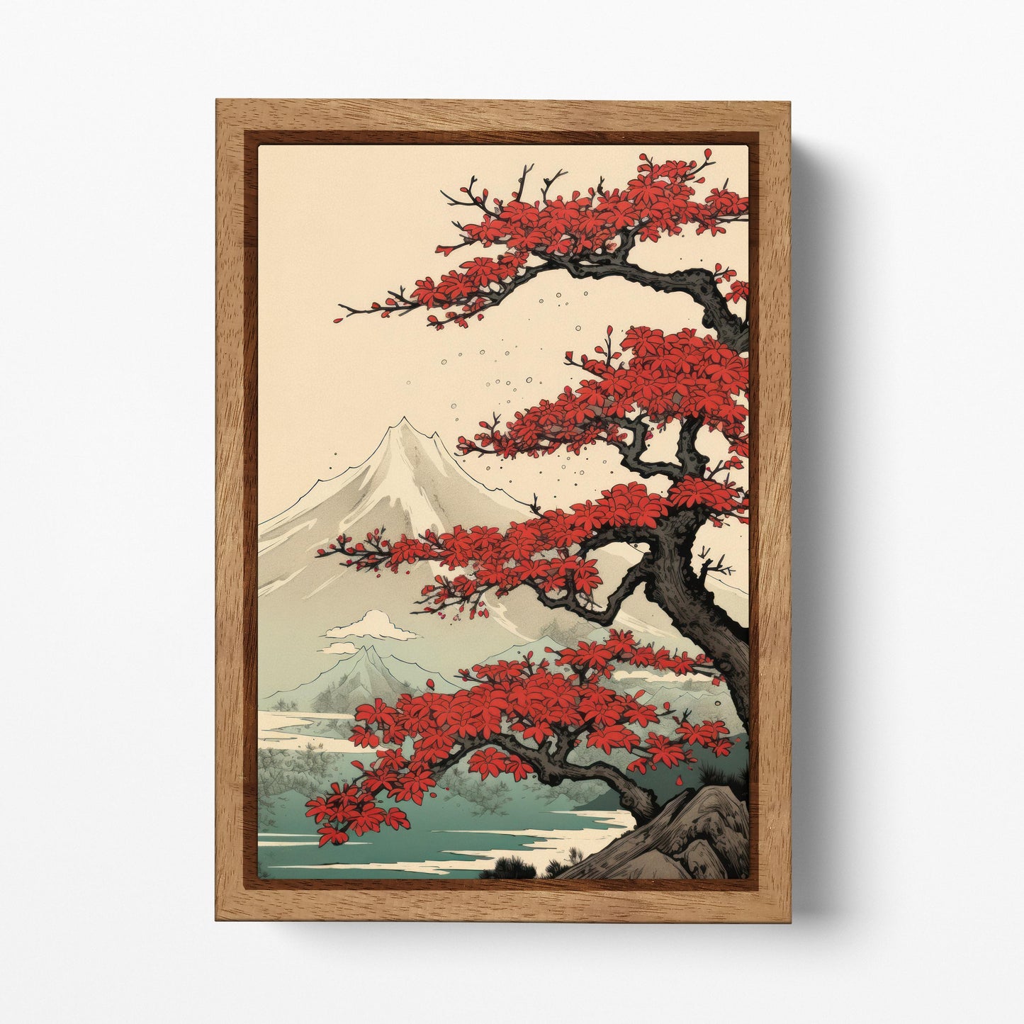 Mount Fuji Under Crimson Blossoms Lake Kawaguchi Wall Art Eco Leather Canvas Wall Decor Print Wood Frame