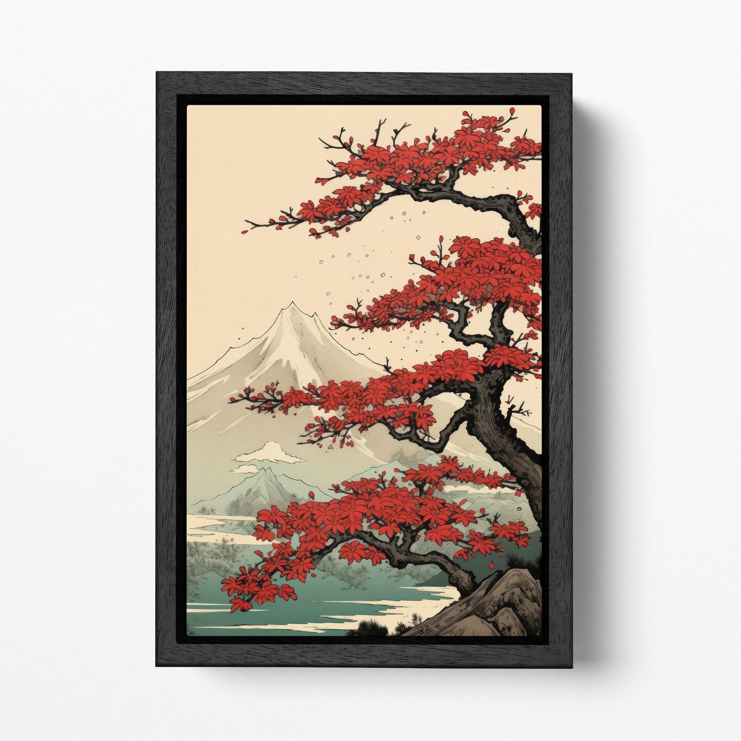 Mount Fuji Under Crimson Blossoms Lake Kawaguchi Wall Art Eco Leather Canvas Wall Decor Print Black Frame