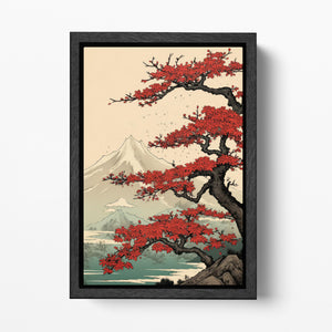 Mount Fuji Under Crimson Blossoms Lake Kawaguchi Wall Art Eco Leather Canvas Wall Decor Print Black Frame
