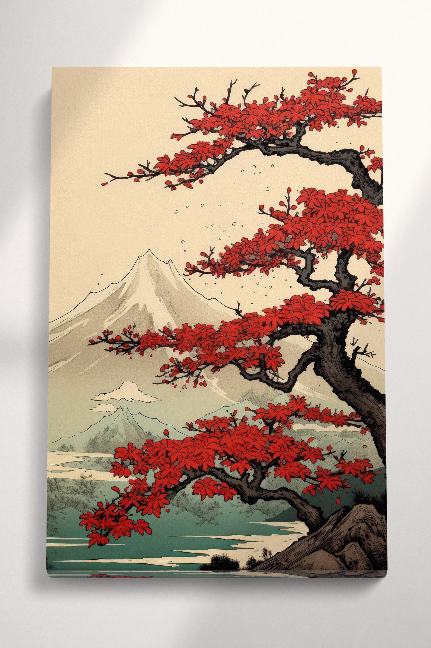 Mount Fuji Under Crimson Blossoms Lake Kawaguchi Wall Art Eco Leather Canvas Wall Decor Print